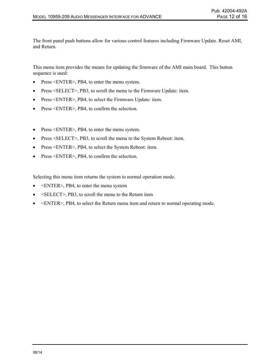Push-button operation, Firmware update, Reset ami | Return | GAI-Tronics 10959-209 Audio Messenger Interface for ADVANCE User Manual | Page 14 / 19