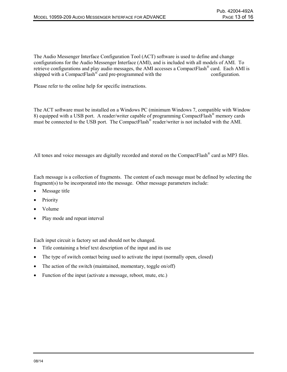 Ami configuration tool (act), Overview, System requirements | Configurable parameters, Fragments, Messages, Inputs | GAI-Tronics 10959-209 Audio Messenger Interface for ADVANCE User Manual | Page 15 / 19
