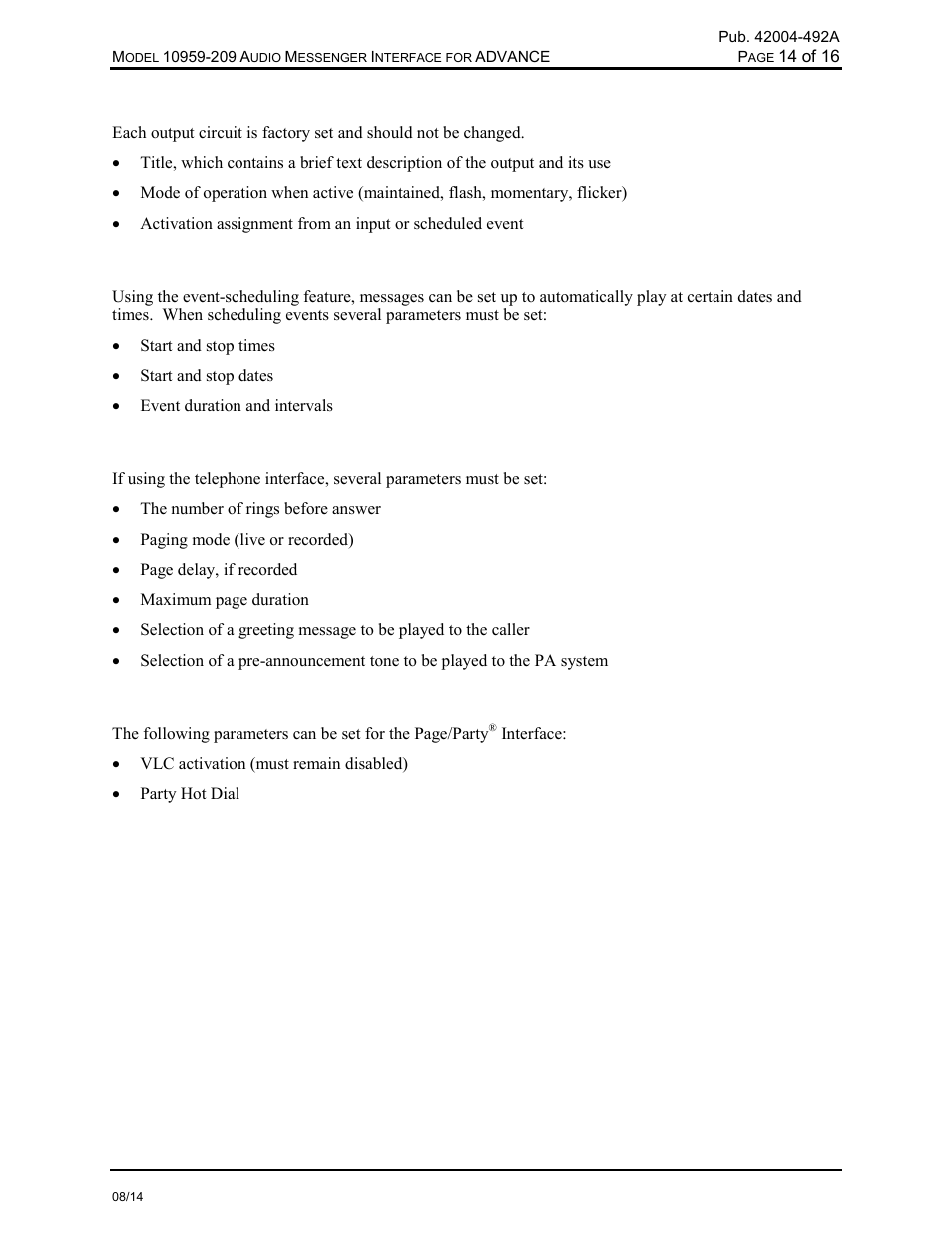 Outputs, Event scheduling, Telephone interface | GAI-Tronics 10959-209 Audio Messenger Interface for ADVANCE User Manual | Page 16 / 19
