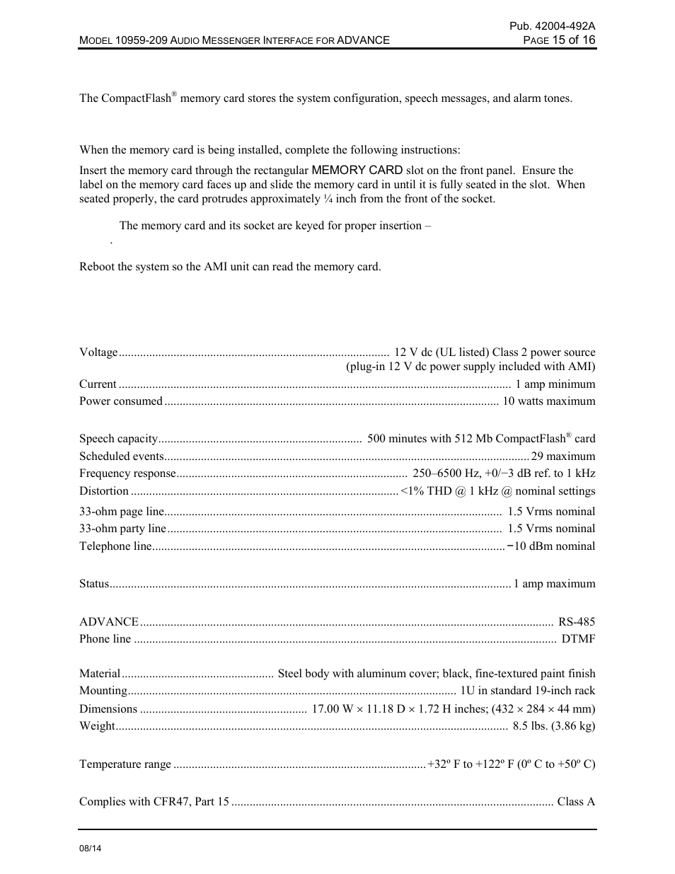 Compactflash, Card installation, Specifications | GAI-Tronics 10959-209 Audio Messenger Interface for ADVANCE User Manual | Page 17 / 19