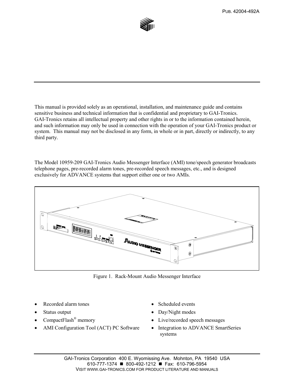 Confidentiality notice, Product overview, Features | GAI-Tronics 10959-209 Audio Messenger Interface for ADVANCE User Manual | Page 3 / 19