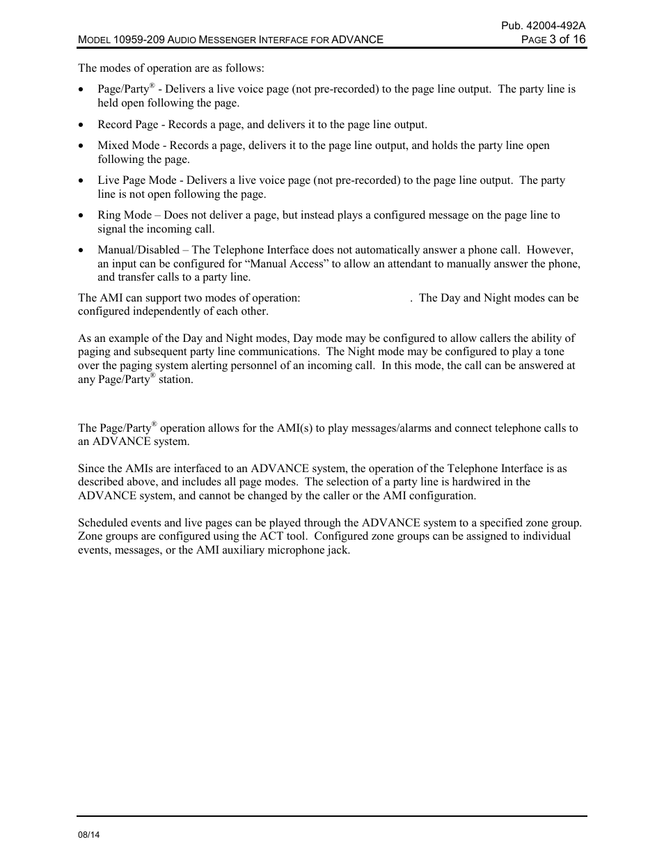 Advance operation | GAI-Tronics 10959-209 Audio Messenger Interface for ADVANCE User Manual | Page 5 / 19