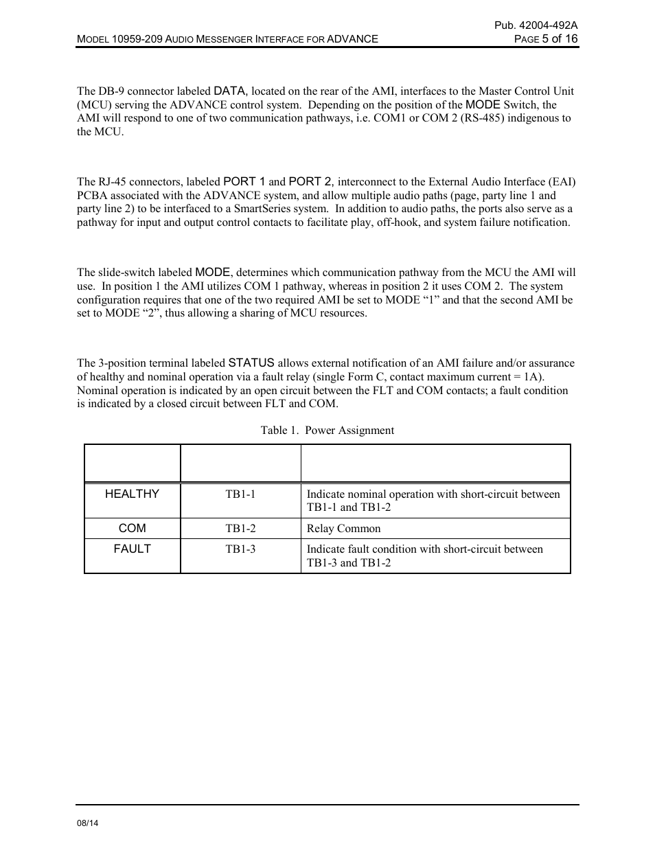 Data, Port 1 & port 2, Mode switch | Status | GAI-Tronics 10959-209 Audio Messenger Interface for ADVANCE User Manual | Page 7 / 19