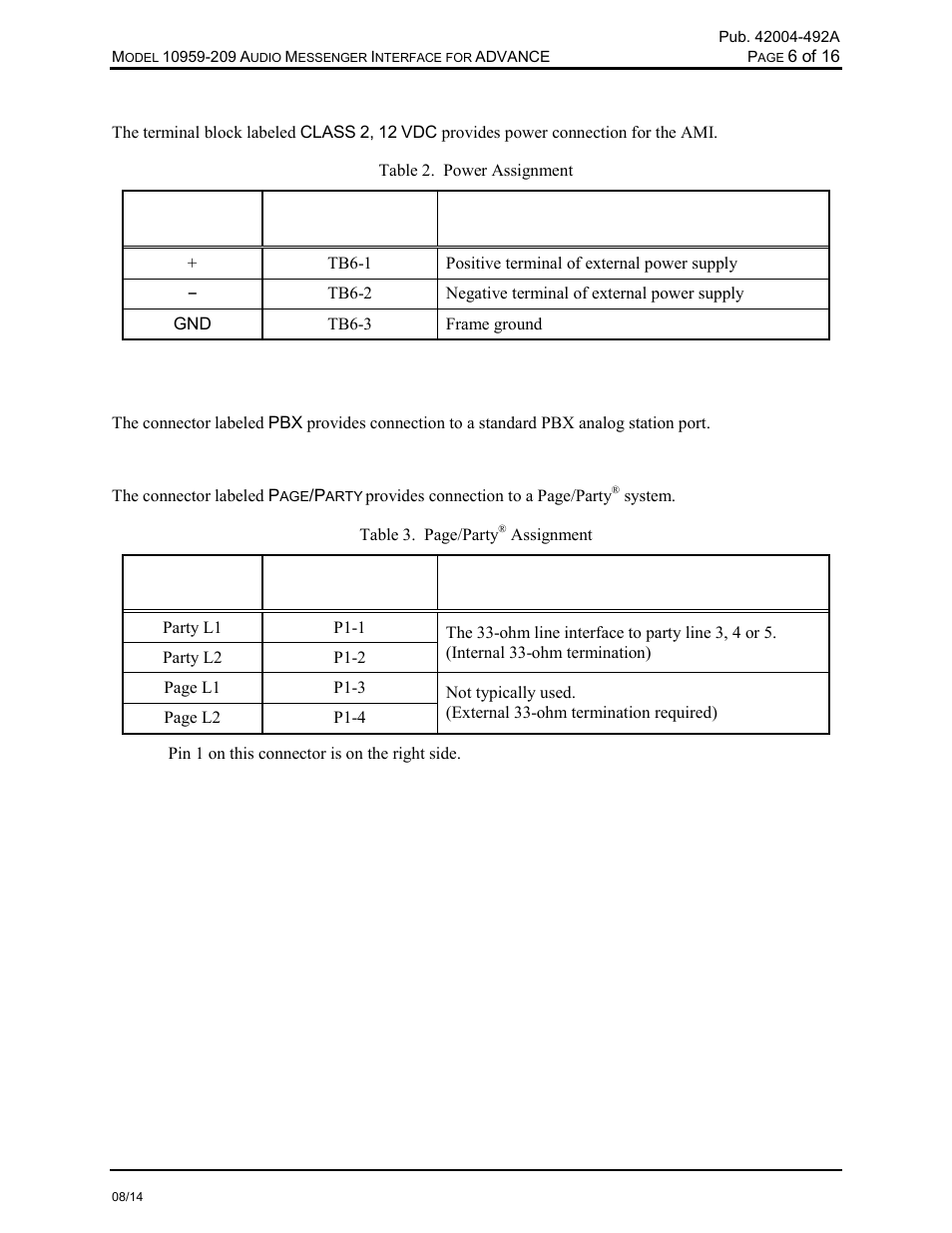 Power, Pbx connection | GAI-Tronics 10959-209 Audio Messenger Interface for ADVANCE User Manual | Page 8 / 19