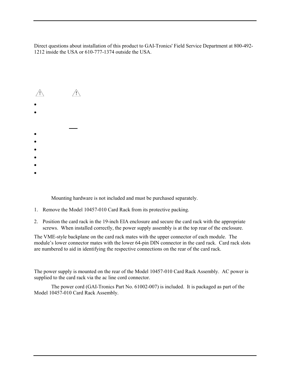 Installation, Installation guidelines, Mounting | Power | GAI-Tronics 10457-010 Card Rack Assembly User Manual | Page 3 / 6