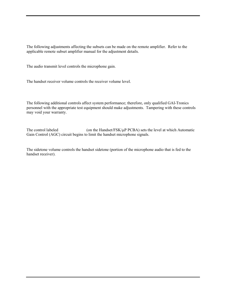 Maintenance, Adjustments, Audio transmit level | Handset receiver volume, Other controls, Sidetone volume | GAI-Tronics 7115-102 SmartSeries Desk-Edge Single and Multi-Party Subsets User Manual | Page 7 / 10