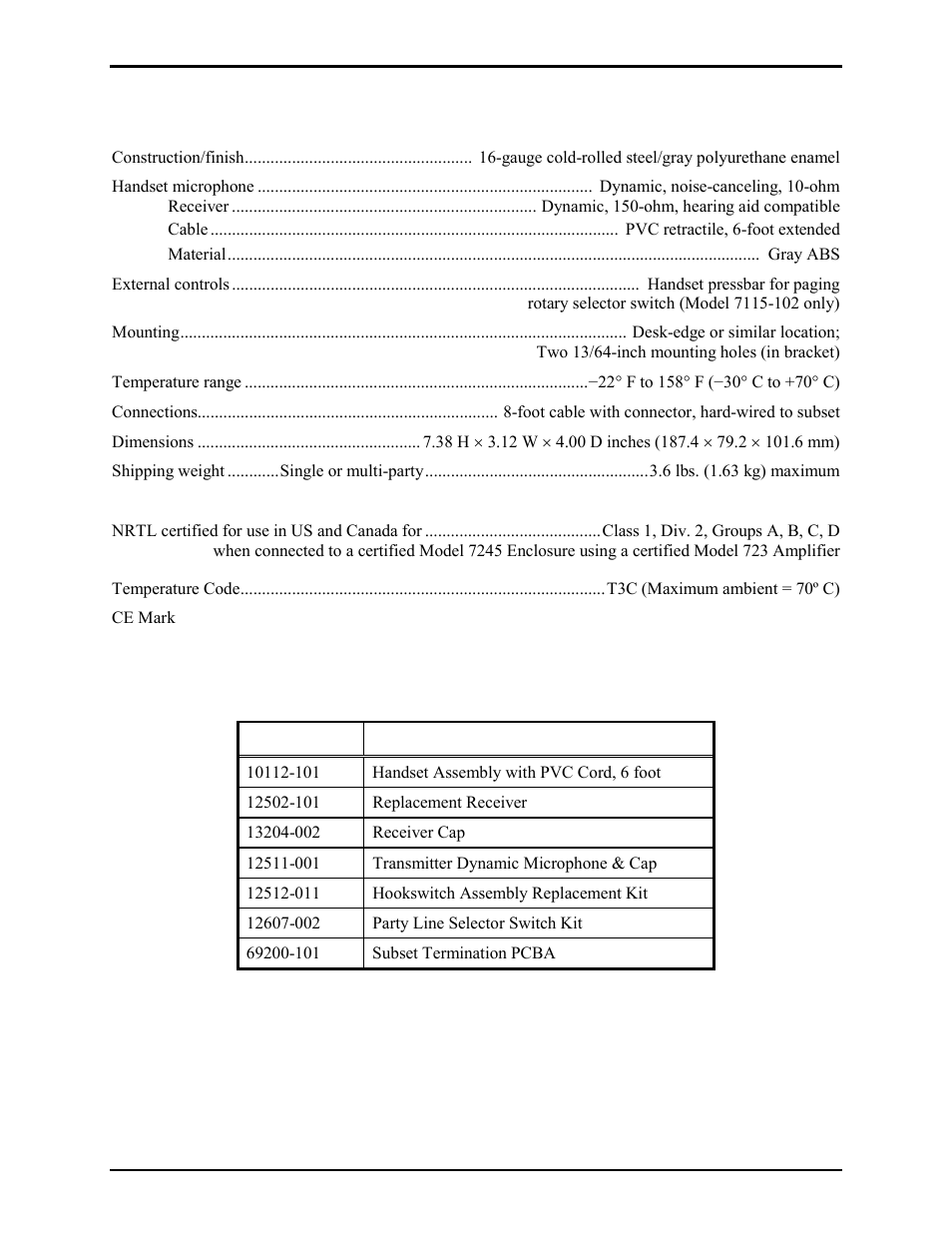 Specifications, Replacement parts | GAI-Tronics 7115-102 SmartSeries Desk-Edge Single and Multi-Party Subsets User Manual | Page 9 / 10