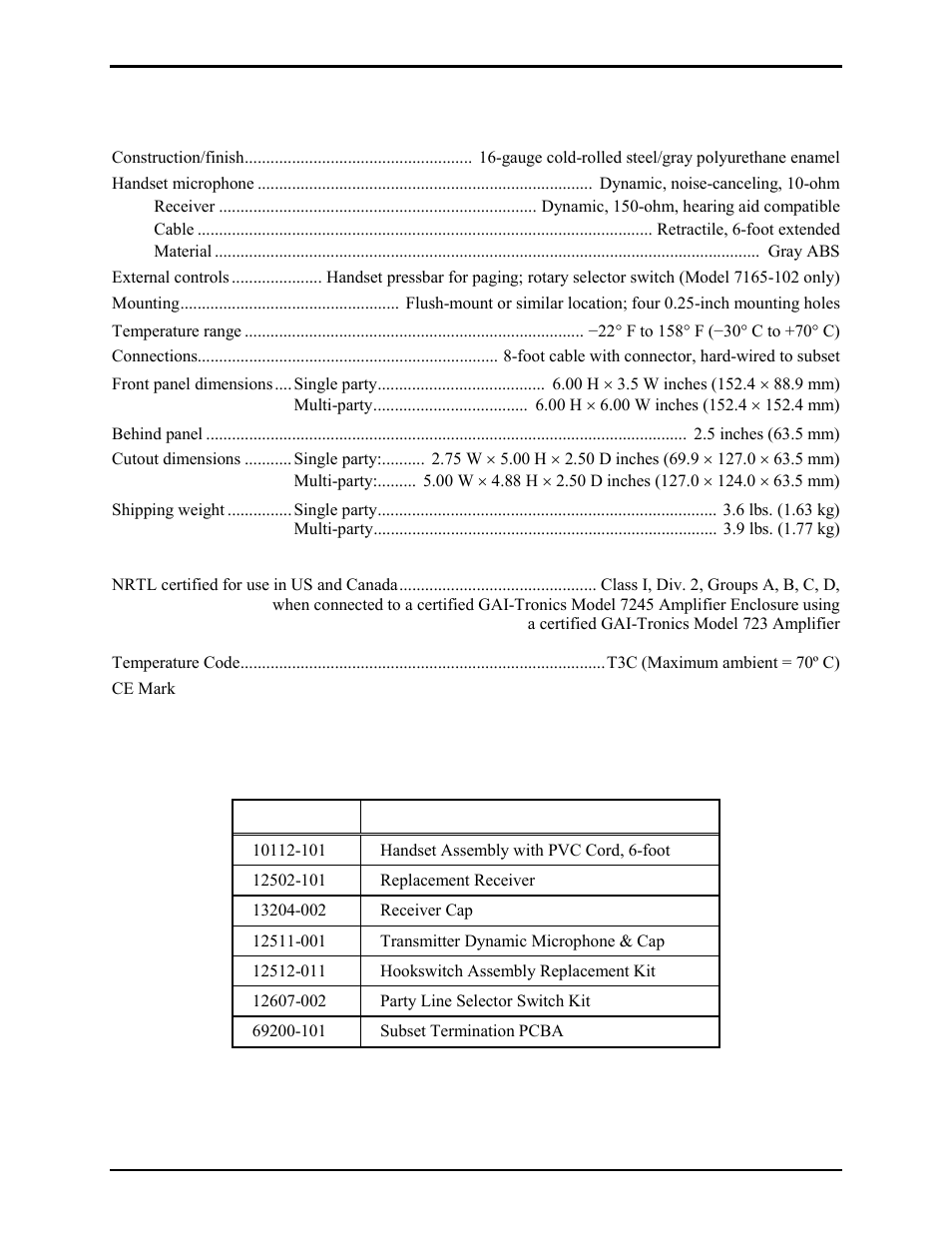 Specifications, Replacement parts | GAI-Tronics 7165-102 SmartSeries Flush-Mount Single and 5-Party Subsets User Manual | Page 10 / 11