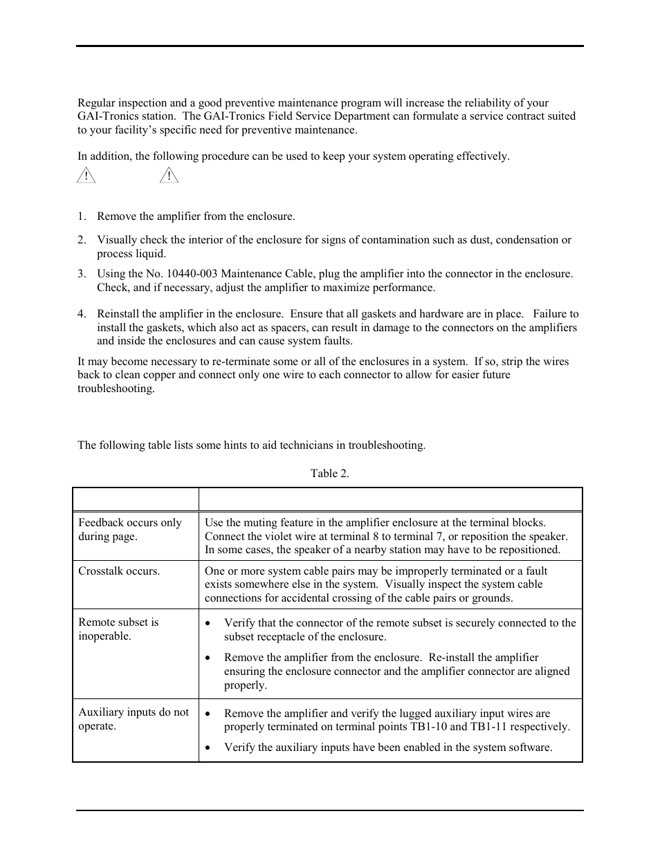 Maintenance, Troubleshooting | GAI-Tronics 7245-004 SmartSeries Indoor Remote Subset Amplifier Enclosure User Manual | Page 9 / 13
