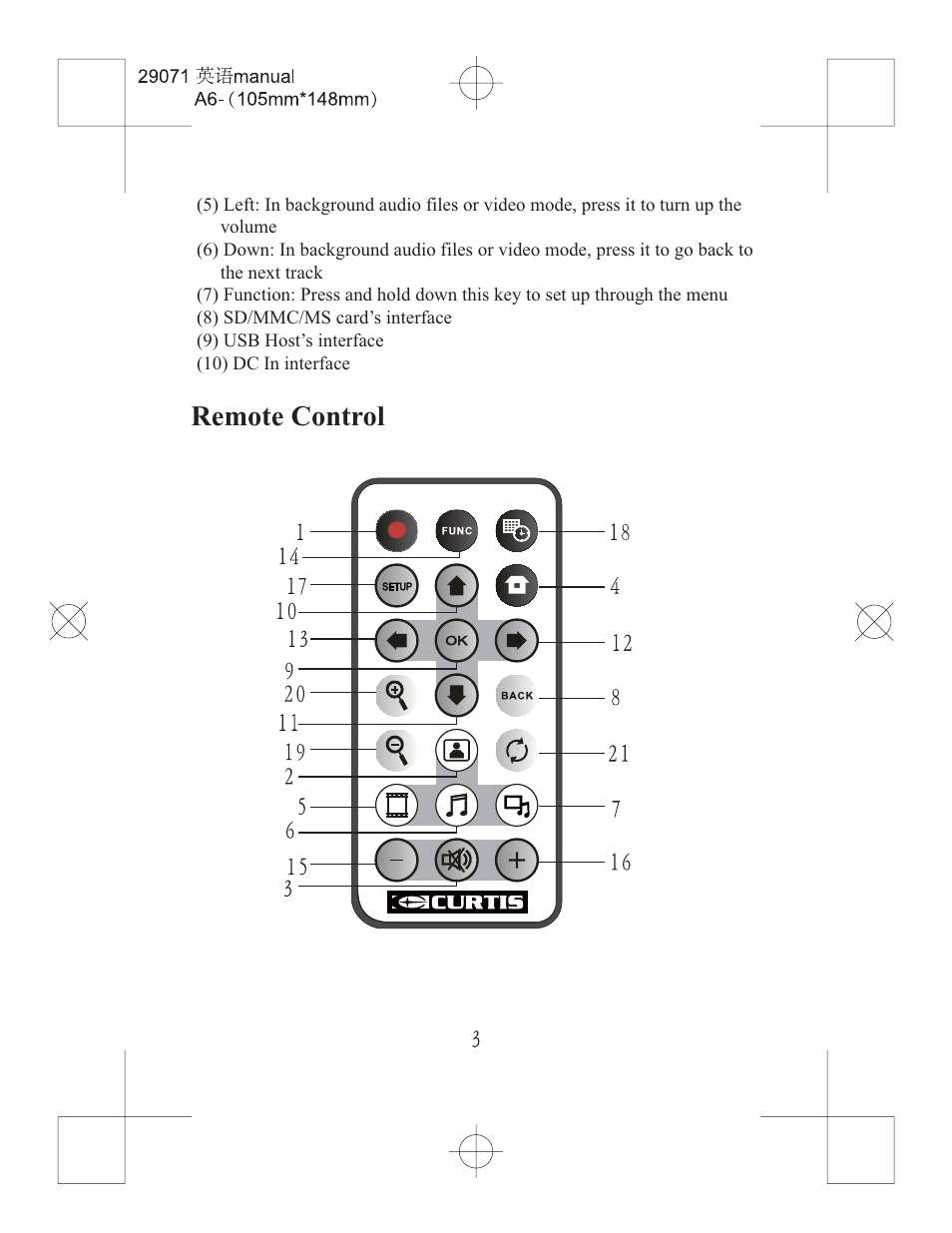 Remote control | Curtis DPF828 User Manual | Page 5 / 14