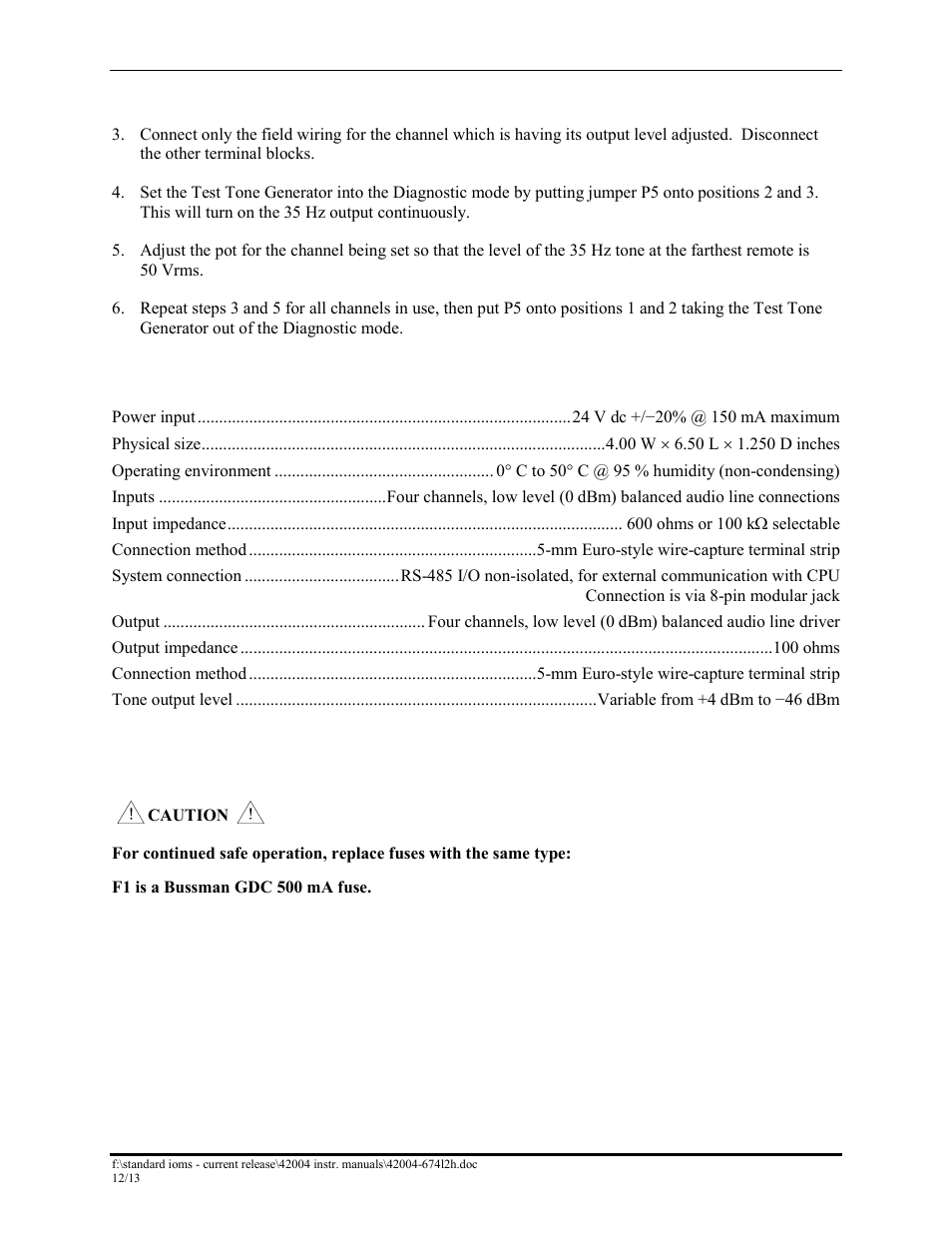 Setting the individual tone output level, Test tone generator specifications, Fuse replacement | GAI-Tronics 12389-001 NOVA PA/GA Systems S.M.A.R.T. Modules User Manual | Page 14 / 27