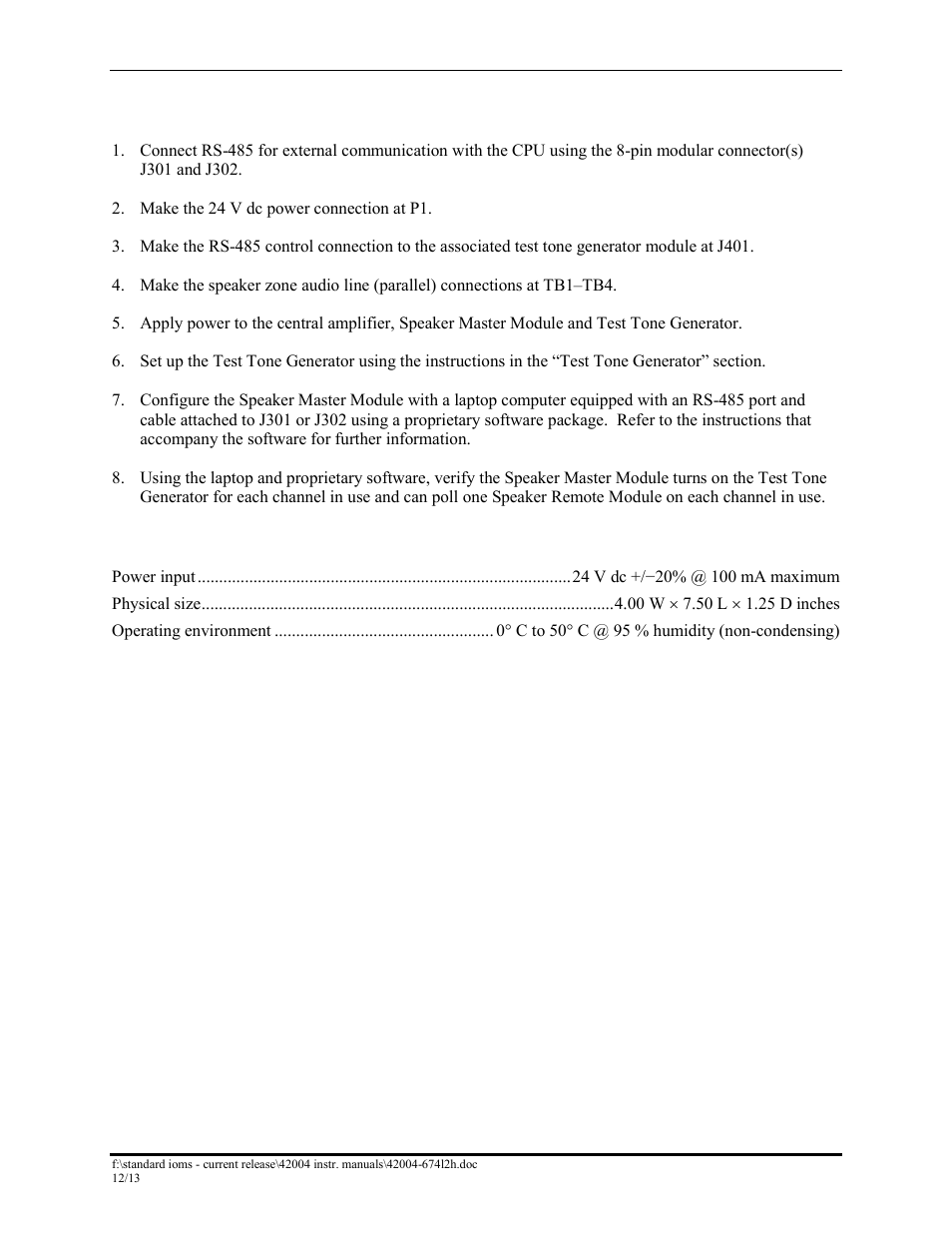 Set-up, Speaker master module specifications | GAI-Tronics 12389-001 NOVA PA/GA Systems S.M.A.R.T. Modules User Manual | Page 24 / 27