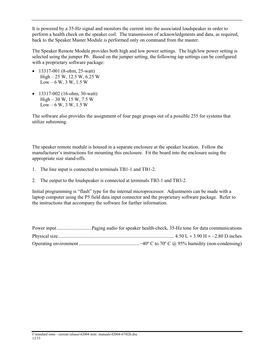 Set up, Speaker remote module specifications | GAI-Tronics 12389-001 NOVA PA/GA Systems S.M.A.R.T. Modules User Manual | Page 26 / 27