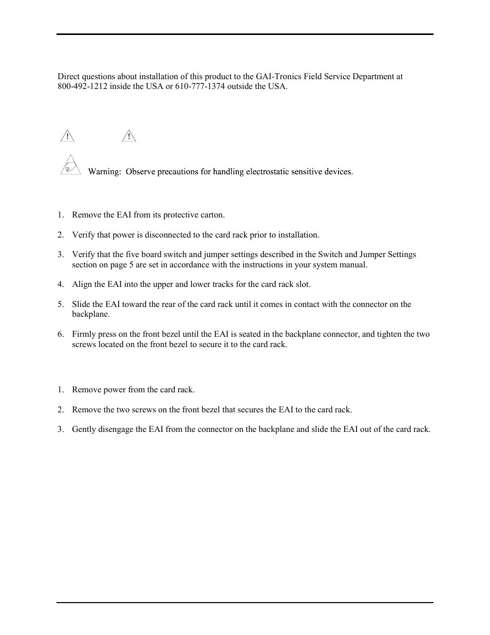 Installation and maintenance, Installation guidelines, Installation instructions | Removing the eai card from card rack | GAI-Tronics 69439-001 External Audio Interface (EAI) User Manual | Page 7 / 10