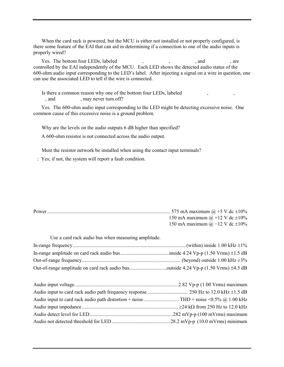 Frequently asked questions, Specifications, Electrical | GAI-Tronics 69439-001 External Audio Interface (EAI) User Manual | Page 8 / 10