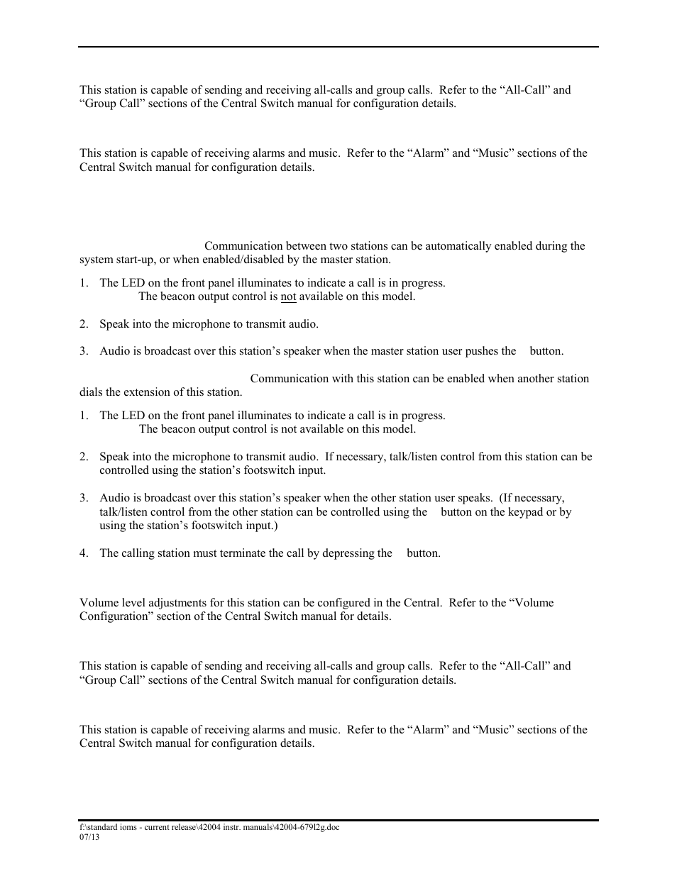 Paging, Alarms and music, Analog models dex-101 & dex-201 | Intercom communication modes, Volume control | GAI-Tronics DEX-101 Hazardous Area Driller's Intercom Station User Manual | Page 12 / 15