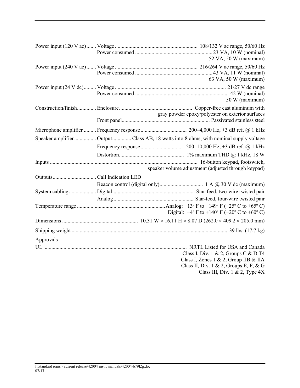 Specifications | GAI-Tronics DEX-101 Hazardous Area Driller's Intercom Station User Manual | Page 14 / 15