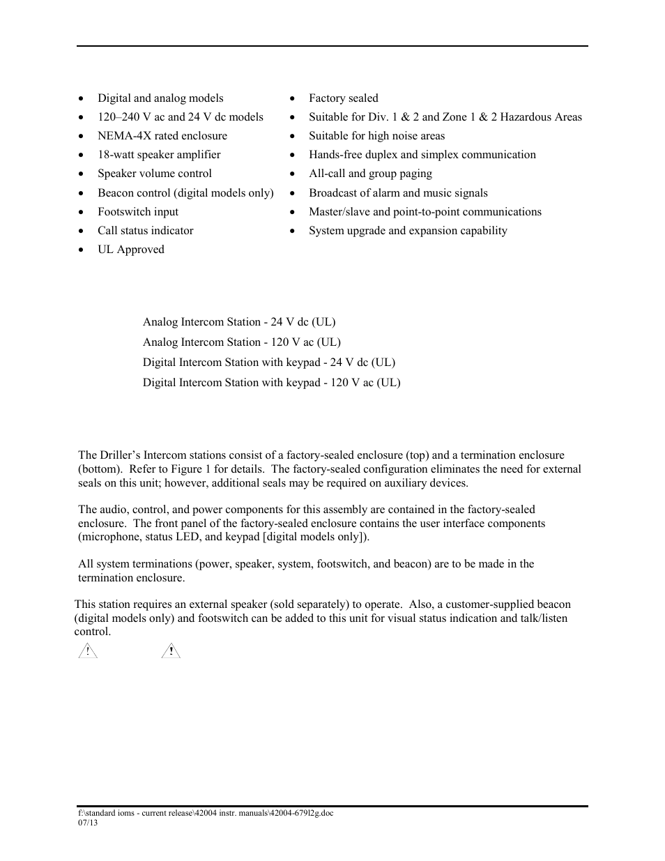 Features and functions, Available models, Description of major components | GAI-Tronics DEX-101 Hazardous Area Driller's Intercom Station User Manual | Page 3 / 15