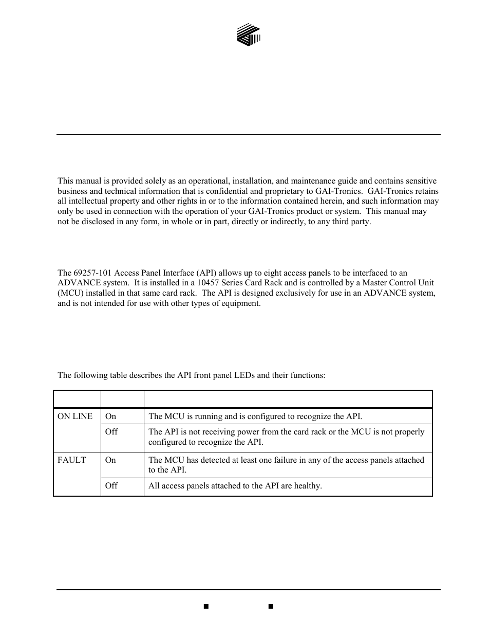 GAI-Tronics 69257-101 Access Panel Interface (API) User Manual | 8 pages