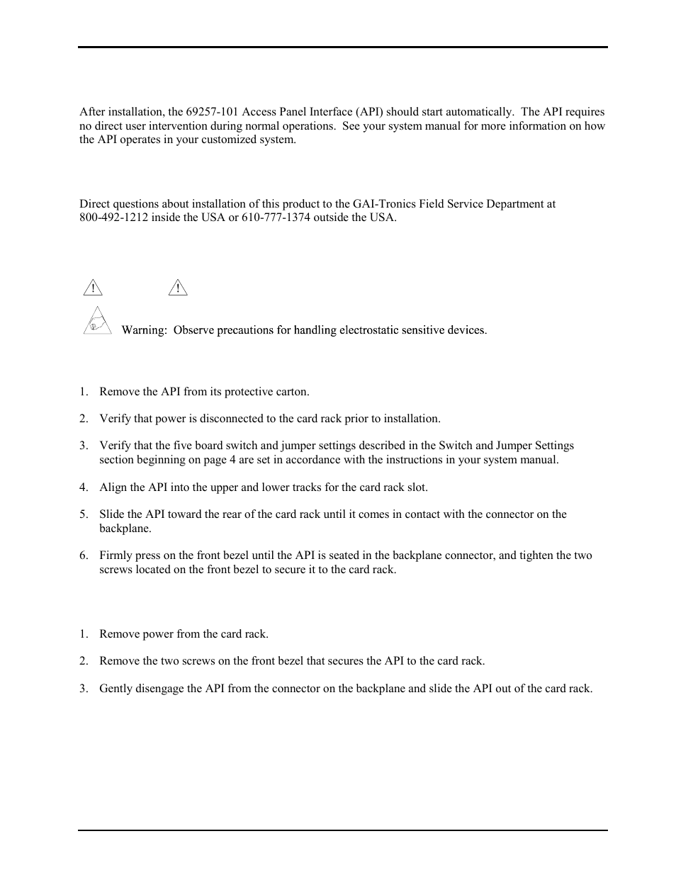 Operation, Installation and maintenance, Installation guidelines | Installation instructions, Removing the api card from card rack | GAI-Tronics 69257-101 Access Panel Interface (API) User Manual | Page 6 / 8