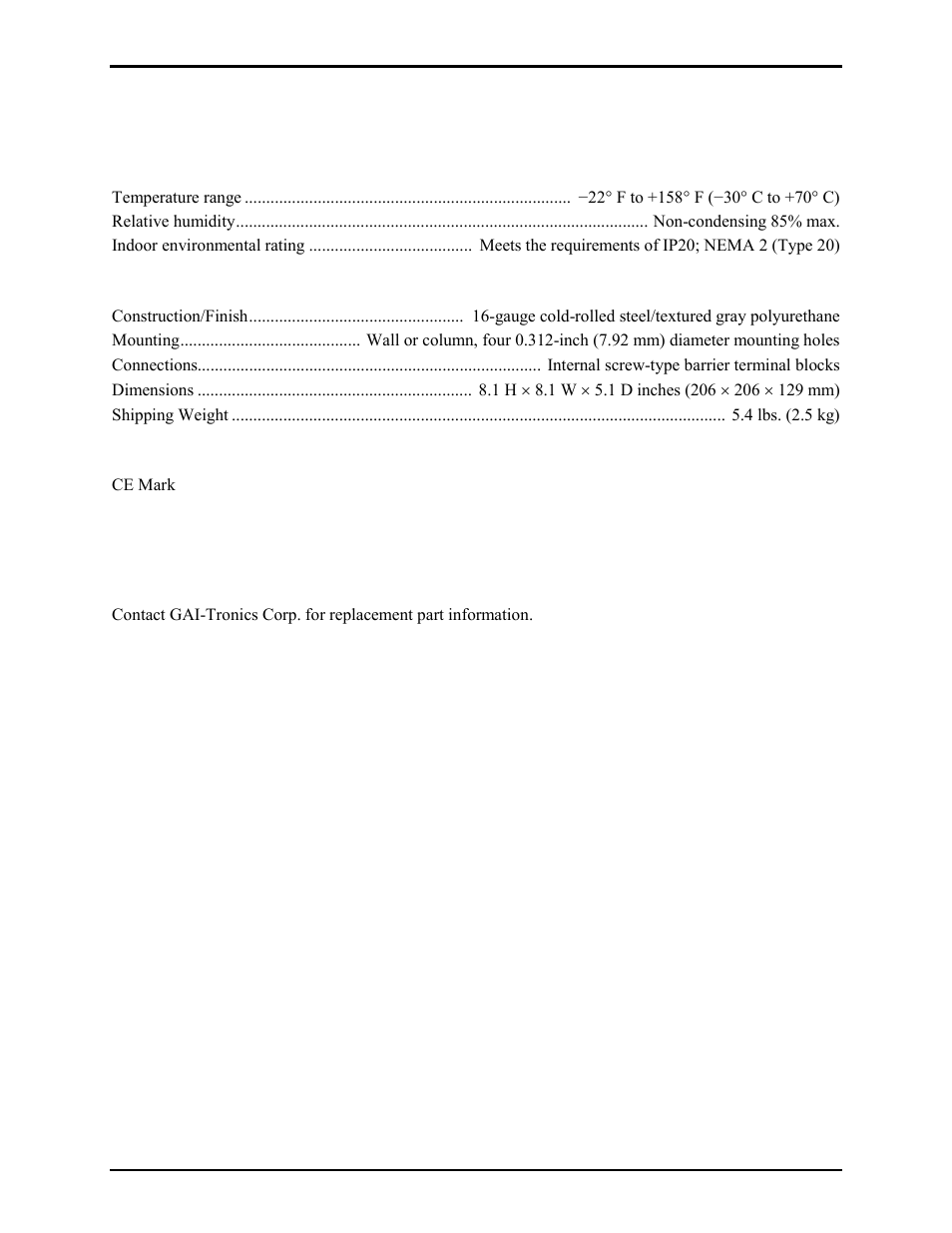 Specifications, Replacement parts | GAI-Tronics 7245-005 SmartSeries Indoor Remote Subset Amplifier Enclosure User Manual | Page 9 / 10