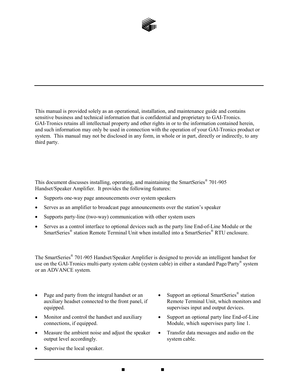 Confidentiality notice, General information, Product overview | System requirements & limitations, Features and functions, 905 smartseries, Handset/speaker amplifier, System requirements and limitations | GAI-Tronics 701-905 SmartSeries Handset/Speaker Amplifier User Manual | Page 2 / 17