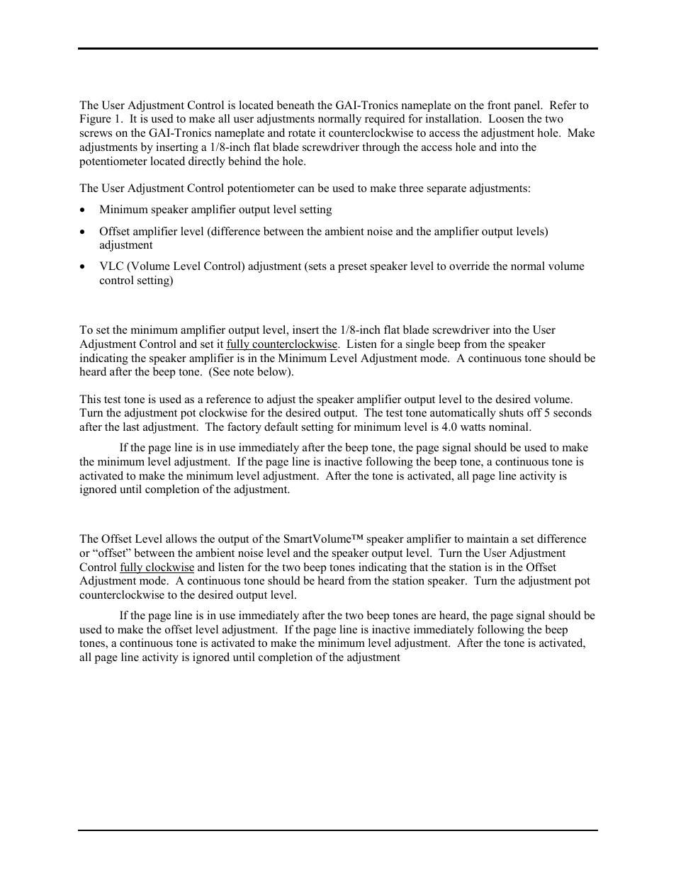 Adjustments, Minimum speaker amplifier output level setting, Offset level adjustment | GAI-Tronics 701-905 SmartSeries Handset/Speaker Amplifier User Manual | Page 9 / 17