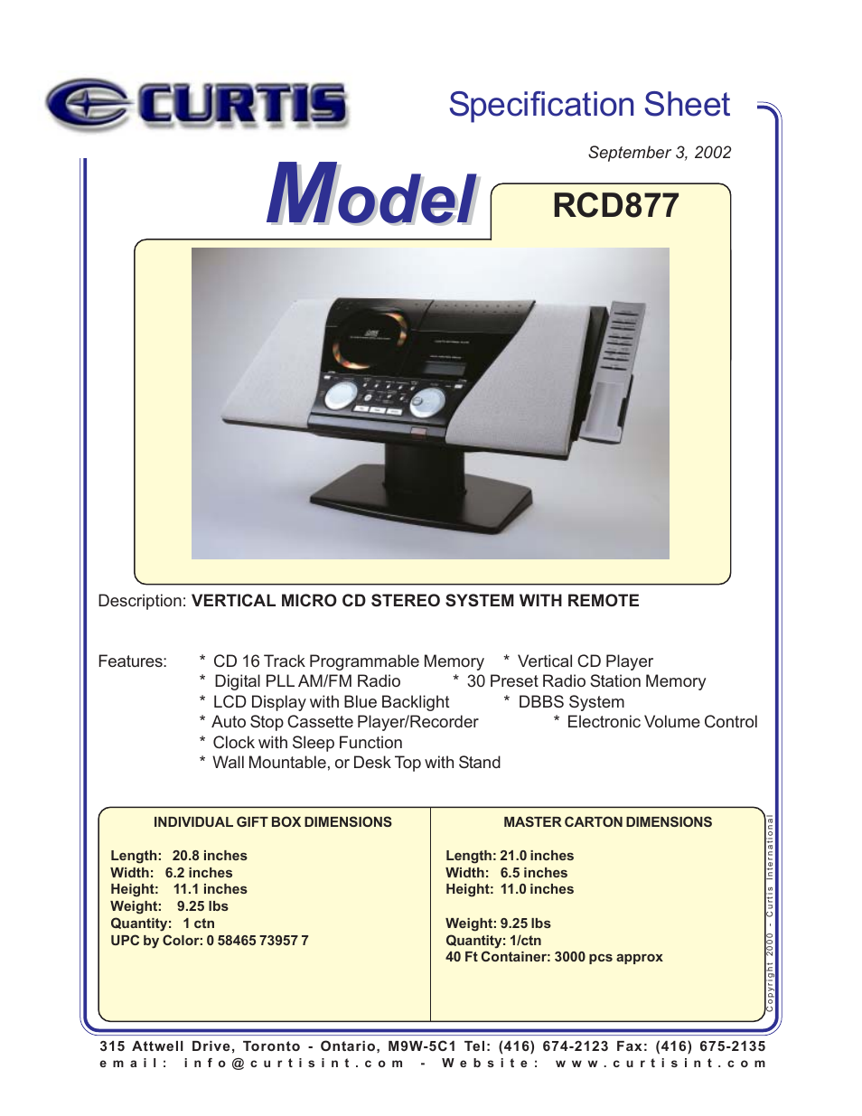 Curtis RCD877 User Manual | 1 page