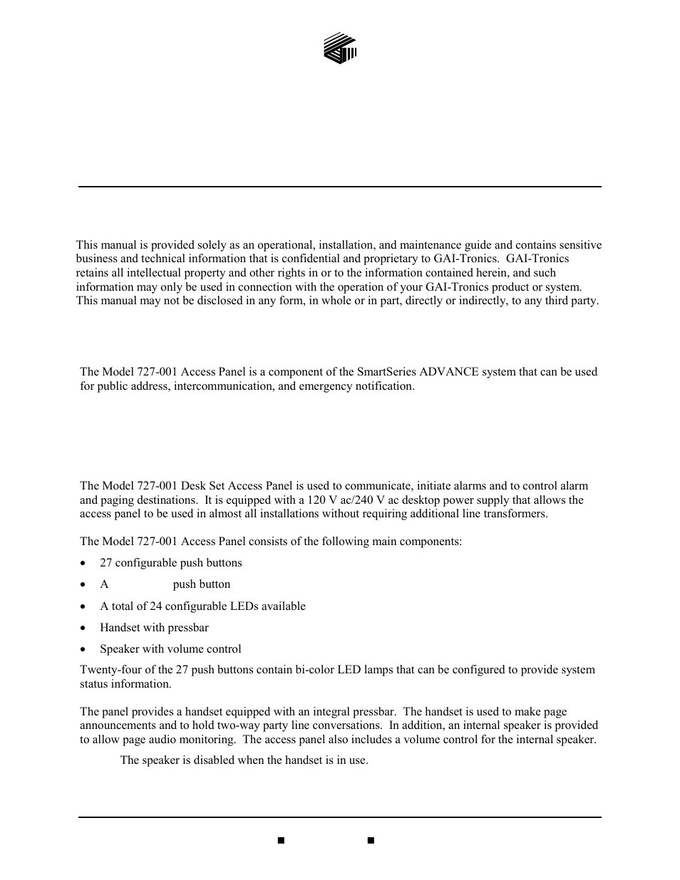 GAI-Tronics 727-001 Desktop Access Panel User Manual | 11 pages