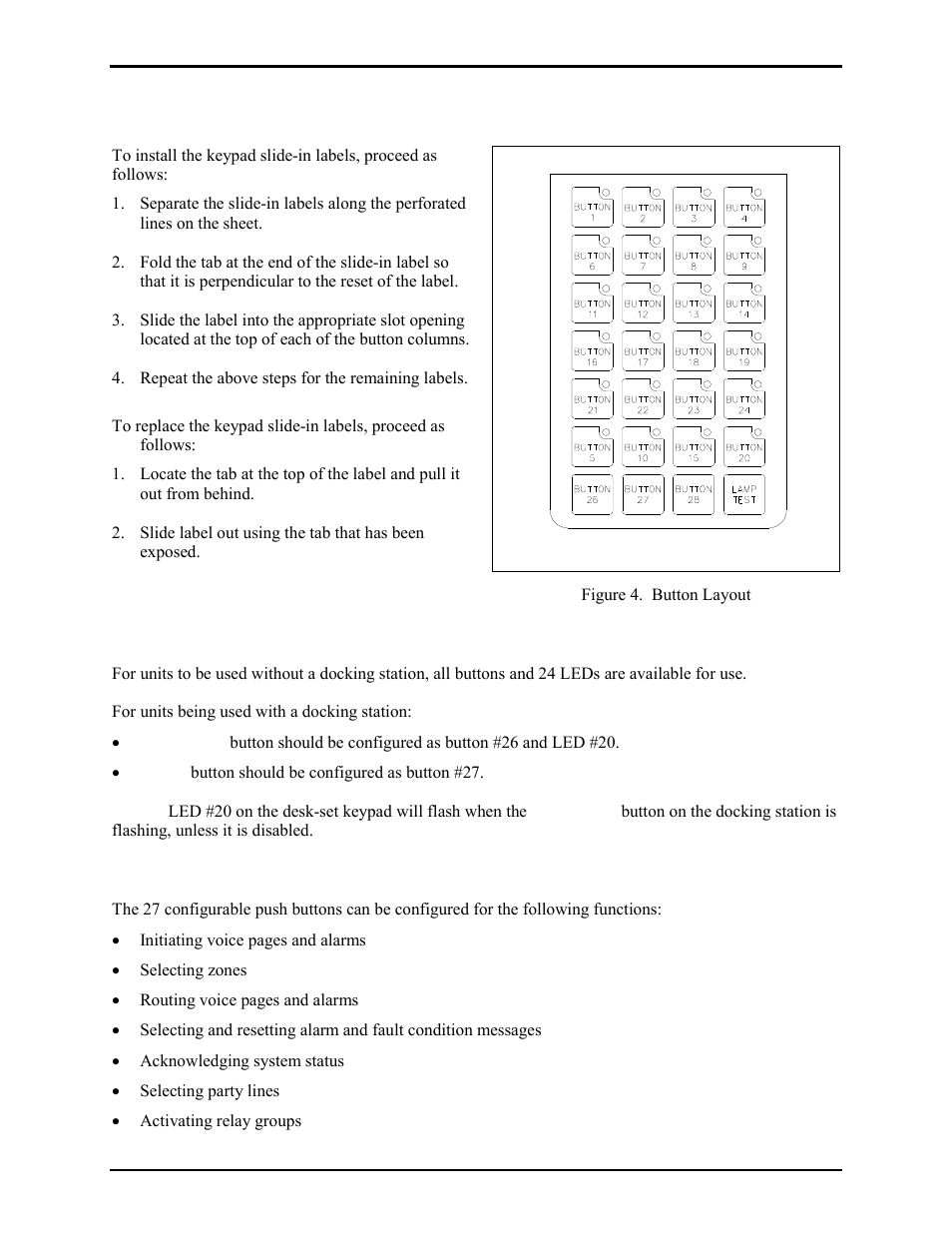 Keypad slide-in labels, Button layout and default configurations, Configurable push buttons | GAI-Tronics 727-001 Desktop Access Panel User Manual | Page 6 / 11