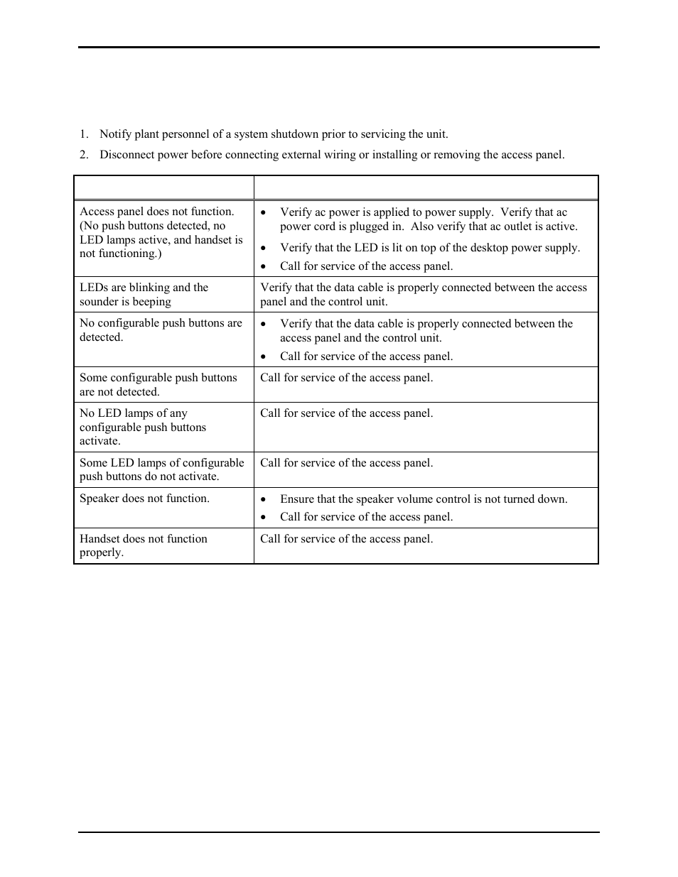 How to diagnose assembly faults, Servicing guidelines | GAI-Tronics 727-001 Desktop Access Panel User Manual | Page 8 / 11