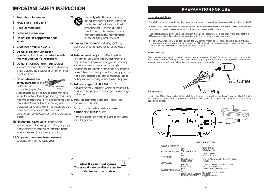 Important safety instruction, Ac plug ac outlet, Preparation for use | Caution | Curtis SRCD-4400 User Manual | Page 2 / 9