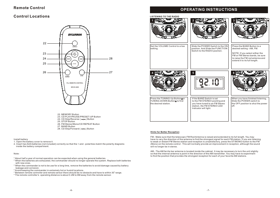 Remote control control locations, Operating instructions | Curtis SRCD-4400 User Manual | Page 4 / 9