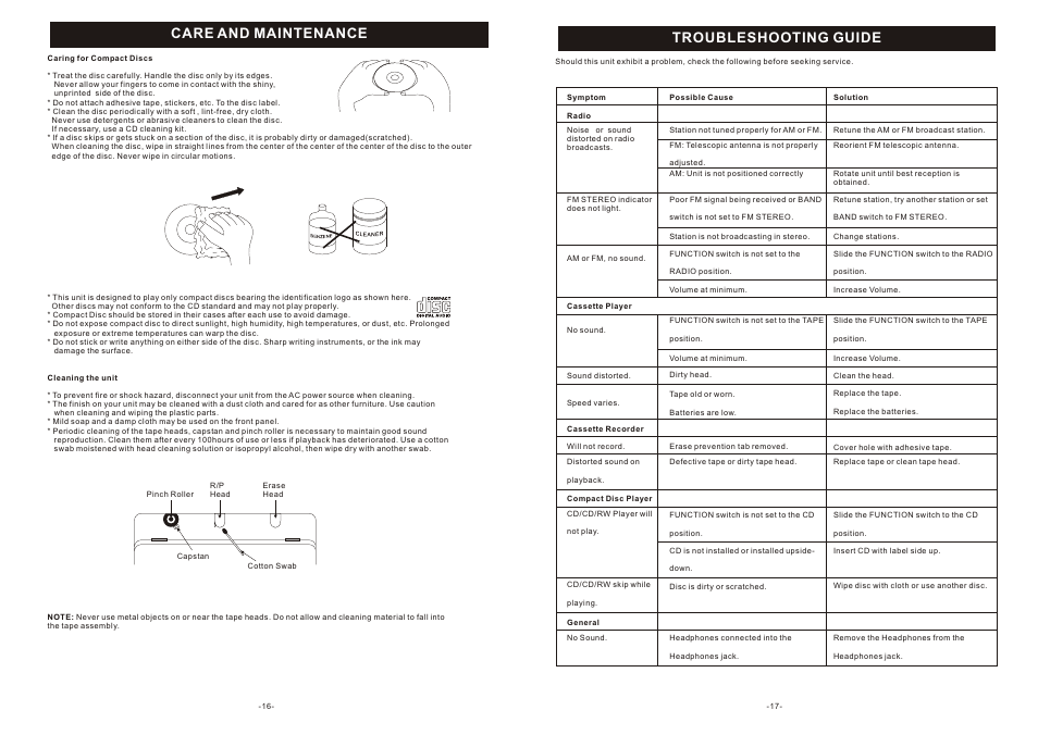 Care and maintenance, Troubleshooting guide | Curtis SRCD-4400 User Manual | Page 9 / 9
