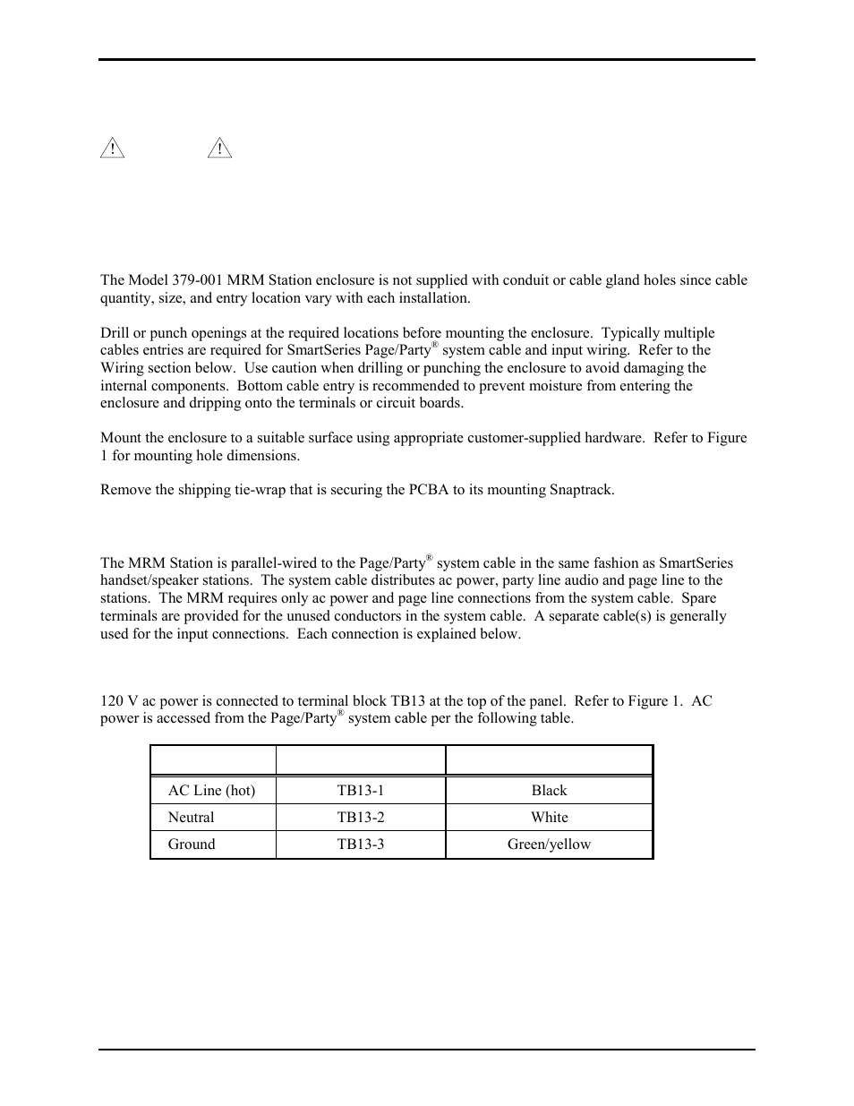 Installation, Mounting, Wiring | Power | GAI-Tronics 379-001 Monitored Relay Module (MRM) Station User Manual | Page 3 / 10