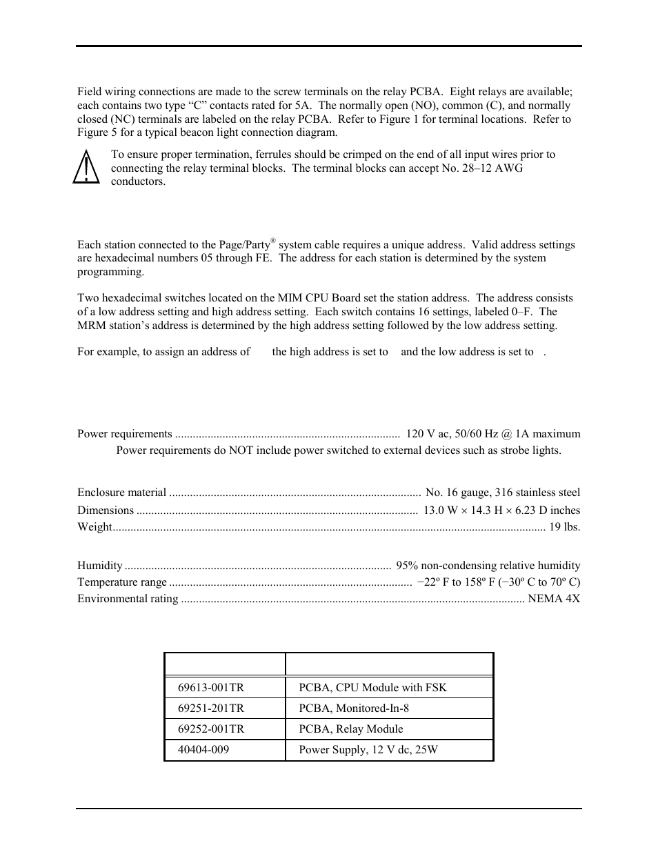 Relay outputs, Setting the station address, Specifications | Replacement parts | GAI-Tronics 379-001 Monitored Relay Module (MRM) Station User Manual | Page 9 / 10