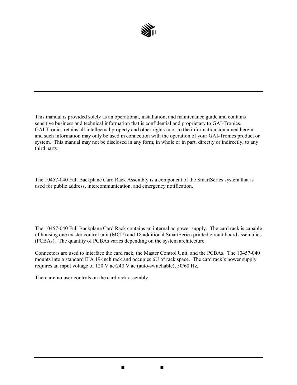 GAI-Tronics 10457-040 Full Backplane Card Rack Assembly User Manual | 6 pages