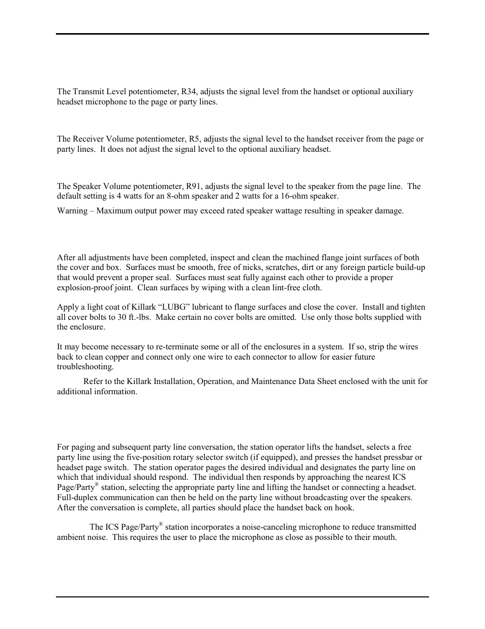 Level adjustments, Transmit level, Receiver volume | Speaker volume, Attach the front cover, Operation | GAI-Tronics ICS  Hazardous Area Page/Party Stations User Manual | Page 13 / 34