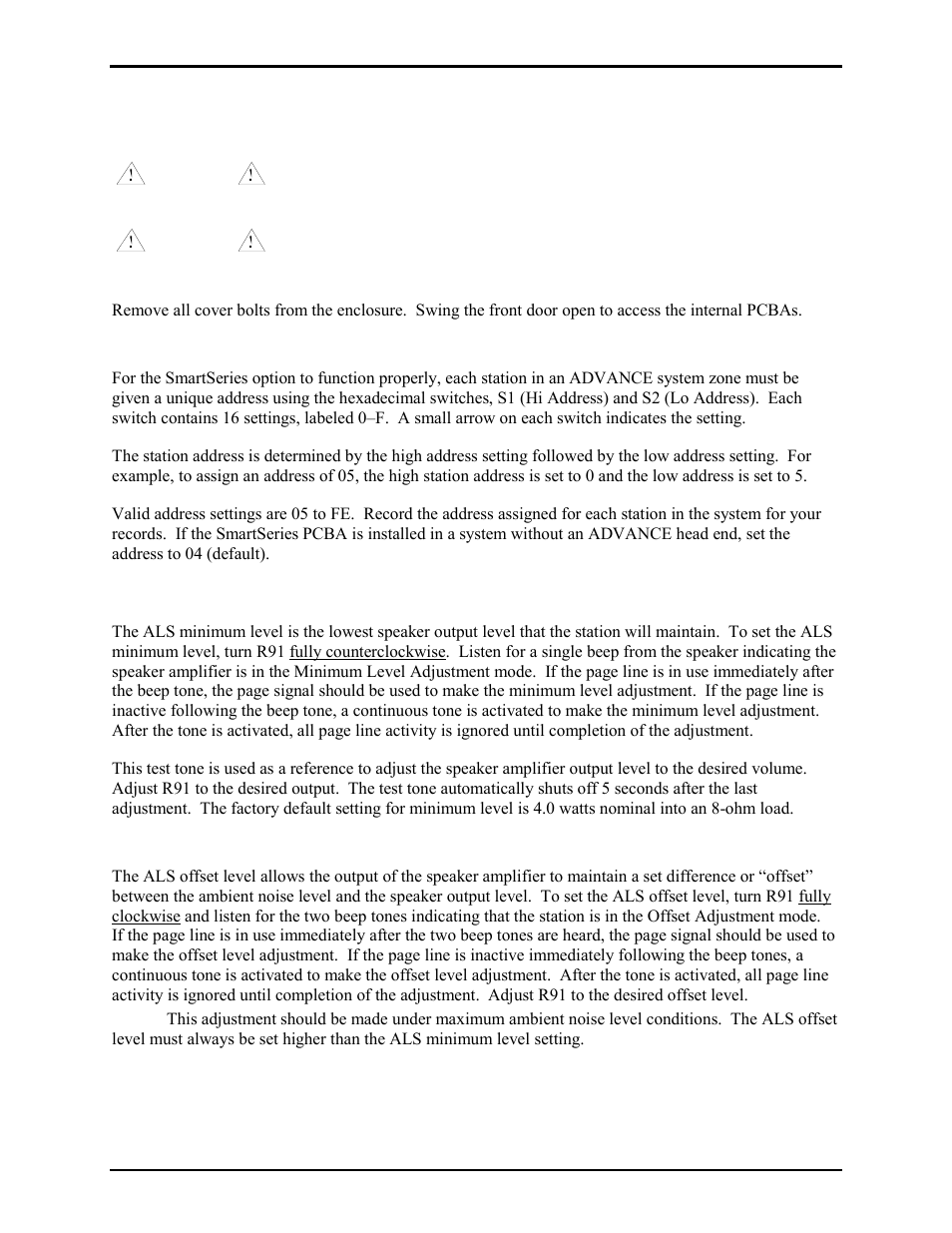 Adjustments, Opening the station, Setting the address | Als minimum level, Als offset level | GAI-Tronics ICS  Hazardous Area Page/Party Stations User Manual | Page 15 / 34