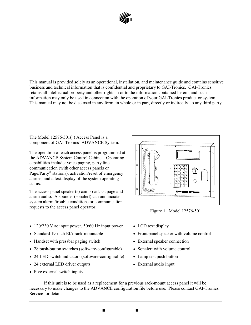 GAI-Tronics 12576-501(x) ADVANCE Rack-Mount Access Panel with LCD Display User Manual | 18 pages