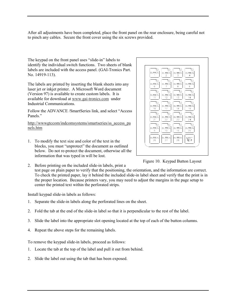 Attaching the front panel, Keypad labels | GAI-Tronics 12576-501(x) ADVANCE Rack-Mount Access Panel with LCD Display User Manual | Page 10 / 18