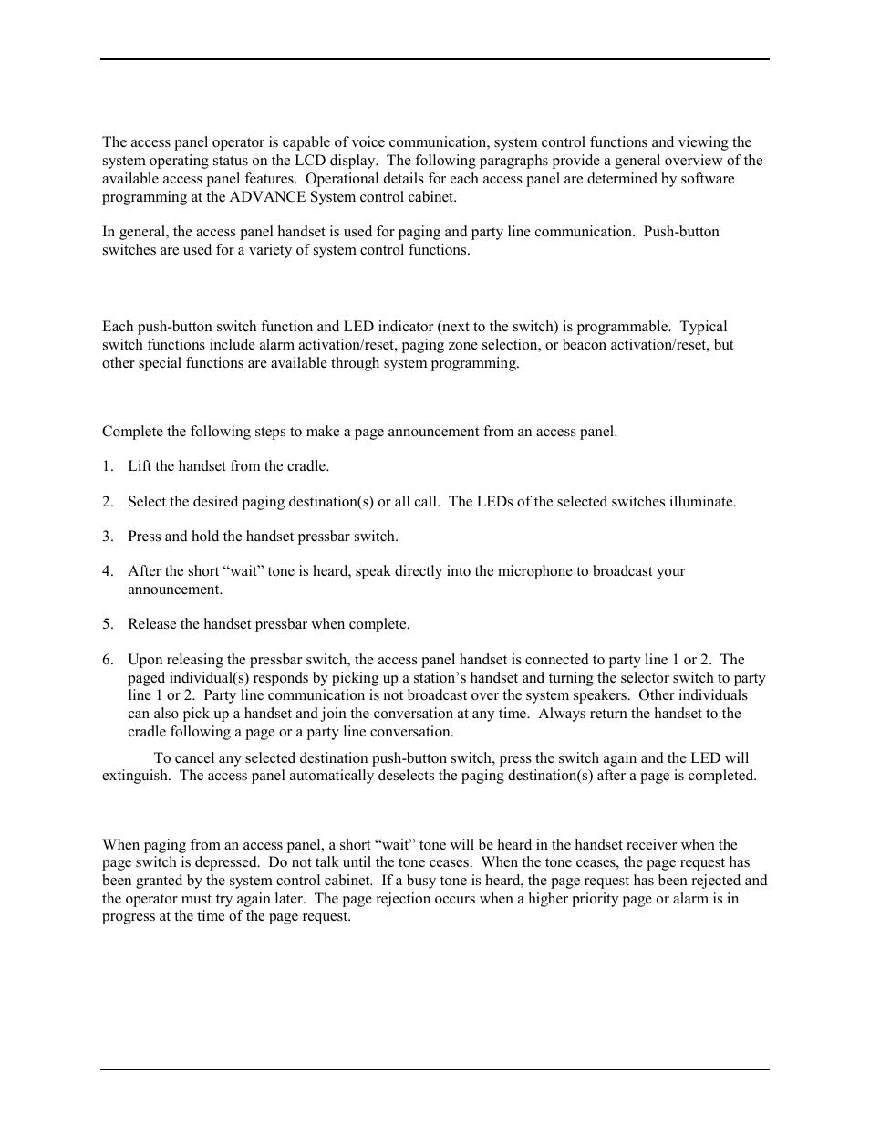 Operation, Push-button switch summary, Paging and party line operation (typical) | Paging confirmation tones | GAI-Tronics 12576-501(x) ADVANCE Rack-Mount Access Panel with LCD Display User Manual | Page 11 / 18