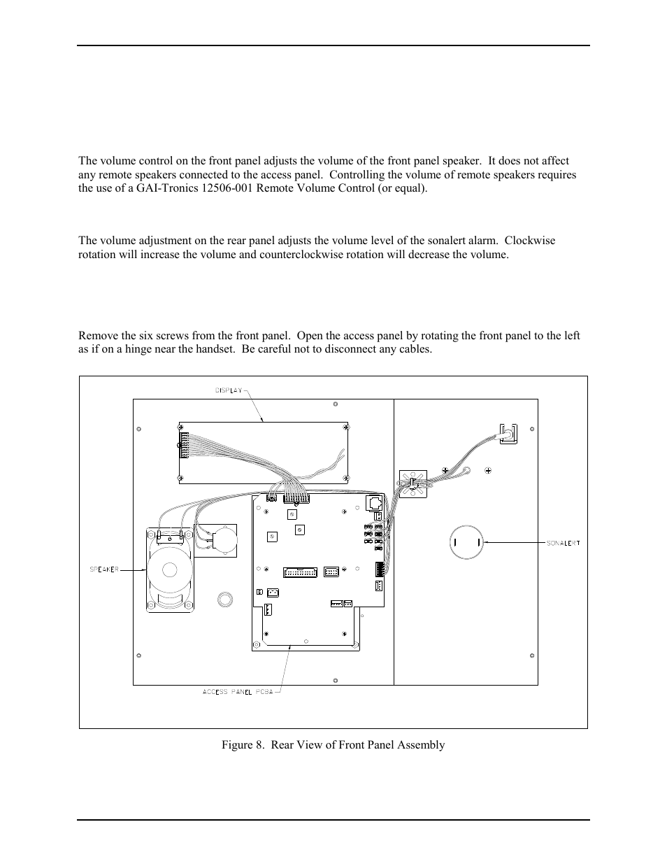 Settings and adjustments, User adjustments, Front panel speaker volume adjustment | Sonalert volume adjustment, Internal adjustments, Opening the enclosure | GAI-Tronics 12576-501(x) ADVANCE Rack-Mount Access Panel with LCD Display User Manual | Page 8 / 18