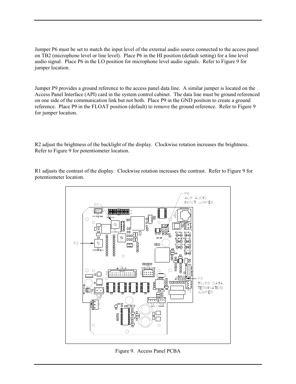 Jumper settings, External audio input, Tx/rx data | Potentiometer adjustments, Lcd display brightness, Lcd display contrast | GAI-Tronics 12576-501(x) ADVANCE Rack-Mount Access Panel with LCD Display User Manual | Page 9 / 18