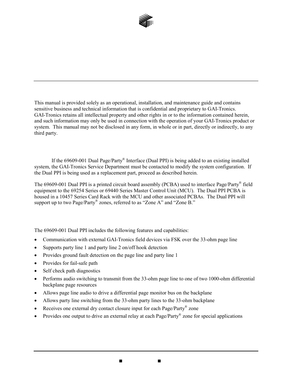 GAI-Tronics 69609-001 Dual Page/Party Interface PCBA User Manual | 17 pages