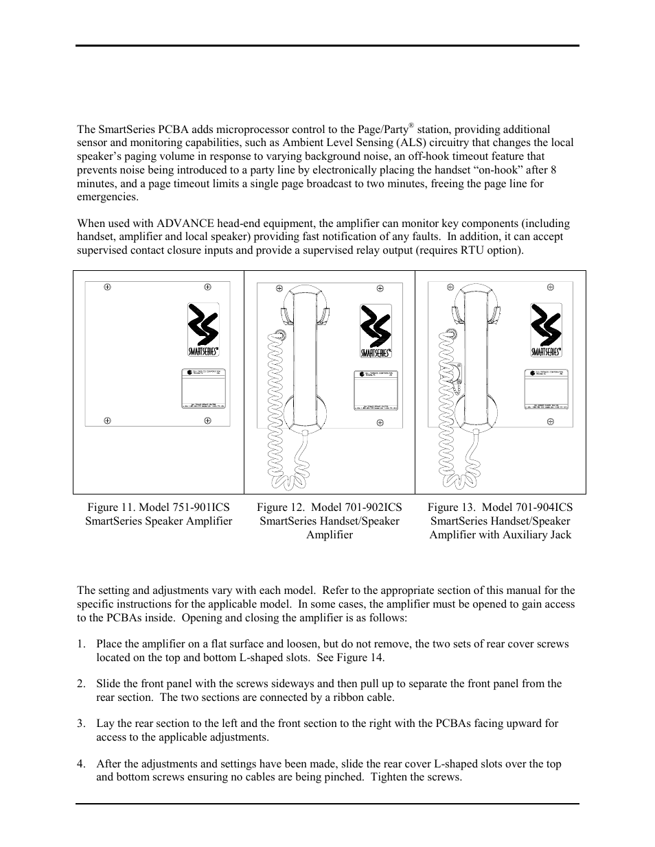 Ics smartseries ac-powered plug-in amplifiers, 901ics, 701-902ics & 701-904ics, Opening and closing the amplifier | GAI-Tronics 701-302ICS ICS AC-Powered Page/Party Plug-in Amplifiers User Manual | Page 12 / 23