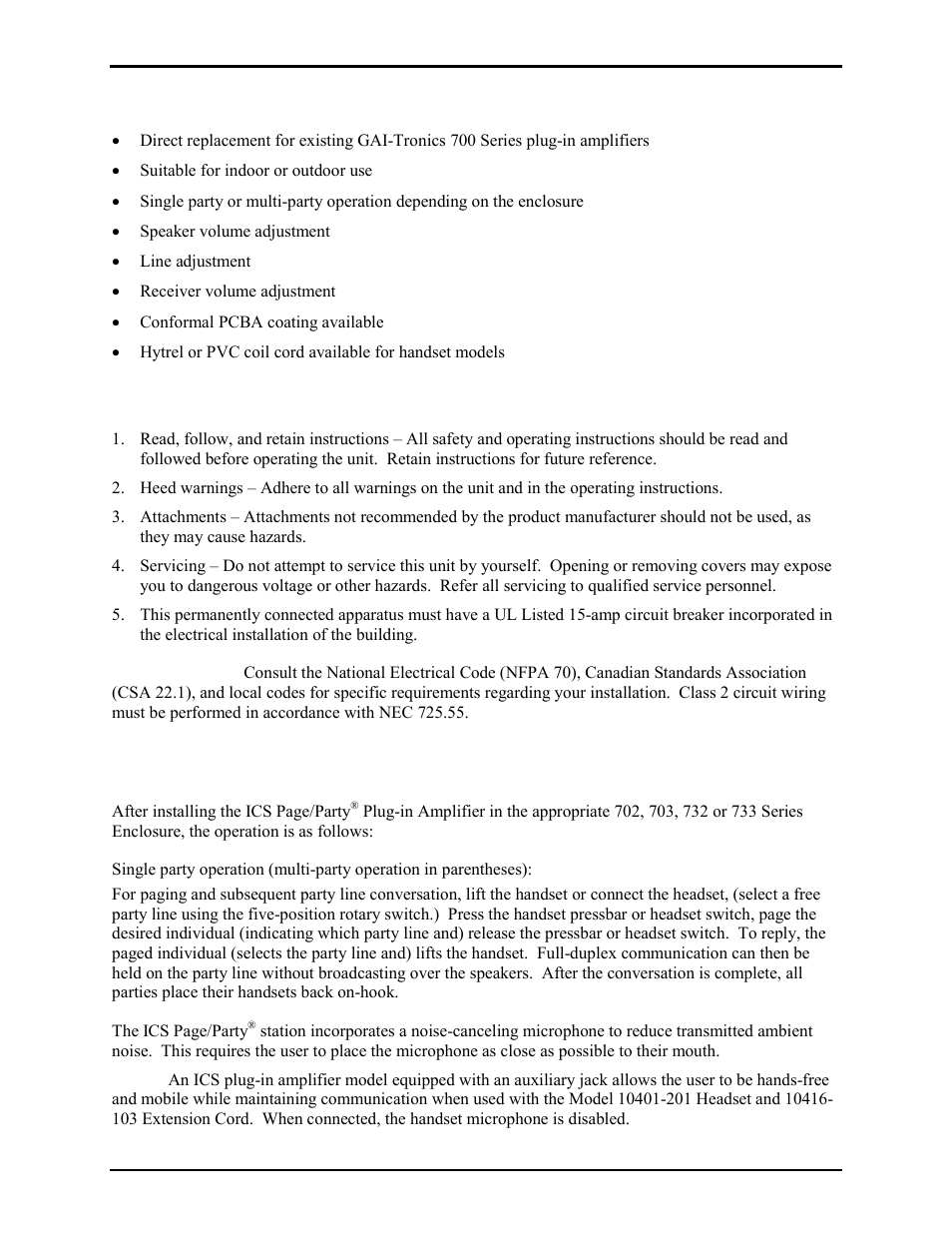 Features, Important safety instructions, General operation | GAI-Tronics 701-302ICS ICS AC-Powered Page/Party Plug-in Amplifiers User Manual | Page 4 / 23