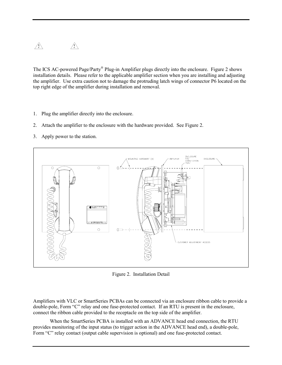 Installation, Enclosure rtu connection (if applicable), Installing the ics page/party | Plug-in amplifier | GAI-Tronics 701-302ICS ICS AC-Powered Page/Party Plug-in Amplifiers User Manual | Page 5 / 23