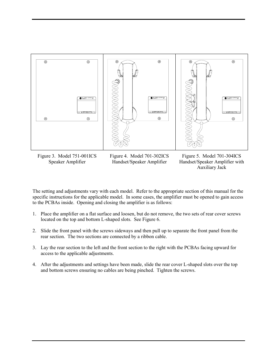 001ics, 701-302ics & 701-304ics, Opening and closing the amplifier, Ics ac-powered page/party | Plug-in amplifiers | GAI-Tronics 701-302ICS ICS AC-Powered Page/Party Plug-in Amplifiers User Manual | Page 6 / 23