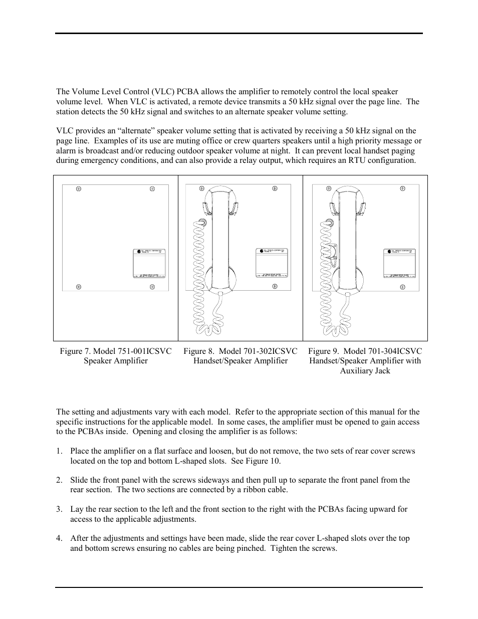 001icsvc, 701-302icsvc & 701-304icsvc, Opening and closing the amplifier, Ics ac-powered page/party | Plug-in amplifiers with vlc | GAI-Tronics 701-302ICS ICS AC-Powered Page/Party Plug-in Amplifiers User Manual | Page 9 / 23